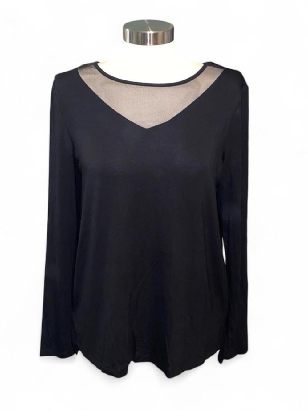 Tahari Black Long Sleeve Top with Sheer V-Yoke